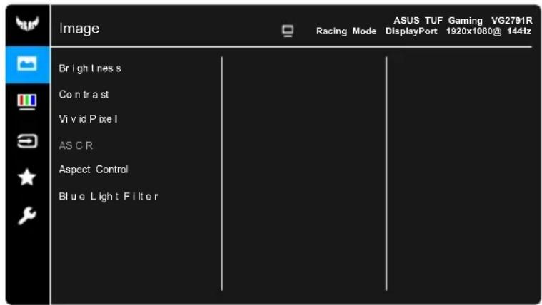 Image Racing Mode ASUS TUF Gaming VG2791R DisplayPort 1920x1080@ 144fz Brightlness Contrast Vivid Pixel ASC R Aspect Control Blue Light Filter