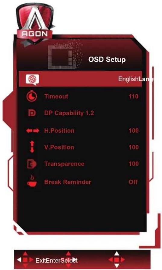 OGD Setup EnglishLan Timeout 110 DP Capability 1.2 H.Position 100 V.Position 100 Transparence 100 Break Reminder Off ExitEnterSelect