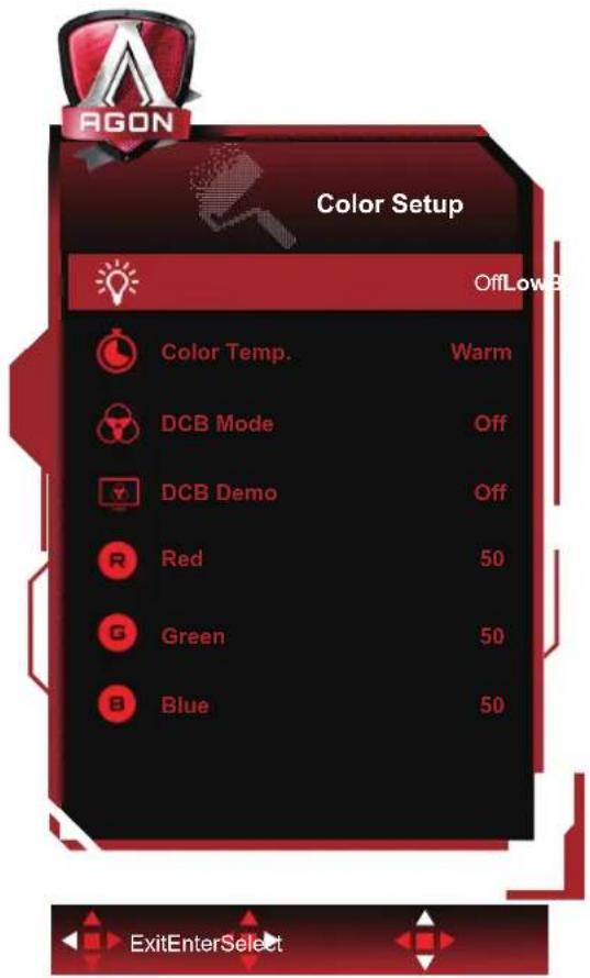 AGON Color Setup OffLowB Color Temp. Warm DCB Mode Off DCB Demo Off Red 50 Green 50 Blue 50 ExitEnterSelect