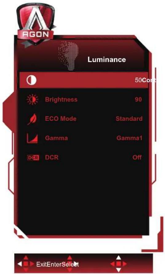 AGON Luminance 50°C Brightness 90 ECO Mode Standard Gamma Gamma1 DCR Off ExitEnterSelect