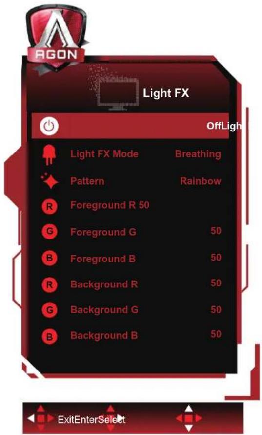 Light FX OffLight Light FX Mode Breathing Pattern Rainbow R Foreground R 50 G Foreground G 50 B Foreground B 50 R Background R 50 G Background G 50 B Background B 50 ExitEnterSelect