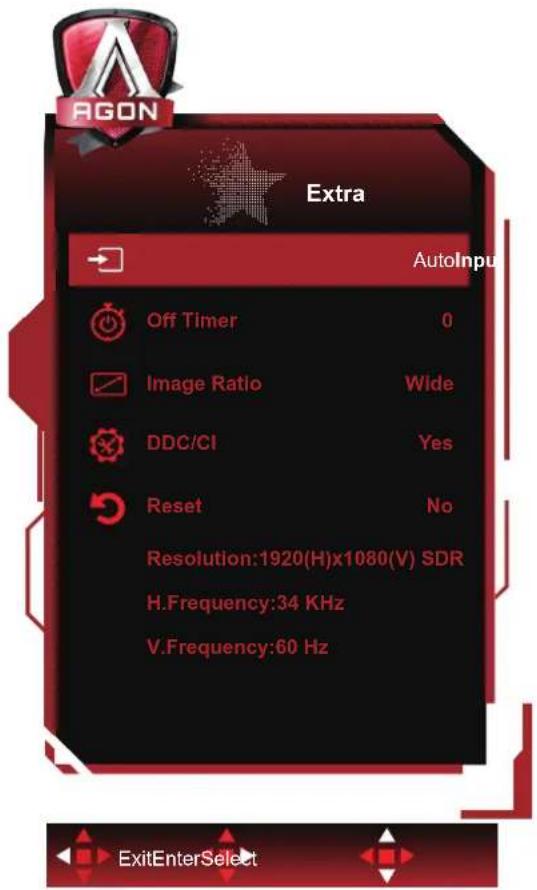 AGON Extra AutoInput Off Timer 0 Image Ratio Wide DDC/CI Yes Reset No Resolution:1920(H)x1080(V) SDR H.Frequency:34 KHz V.Frequency:60 Hz ExitEnterSelect