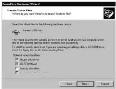 Find New Hardware Wizard Locate Driver Files Where do you want Windows to search for driver files? Search for driver files for the following hardware device: Generic USB HLA The mixed searched for suitable drivers in to drive databases on your computer and in any of the following optional search locations that you specify. To start the search, click Next. If you are searching on a floppy disk or CD-ROM drive, insert the floppy disk, or CD before clicking Next. Optional search locations: ✓ Flippy disk drives ✓ CD-ROM drives ✓ Specify allocation ✓ Open to access to this device < Back Next > Cancel