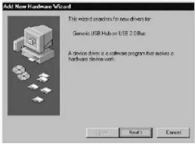 Add New Hardware Wizard This wizard searches for new drivers for: Generic USB Hub or USB 2.08 bus A device drives is a software program that makes a hardware device work. End Next Cancel