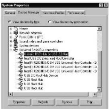 Systems Properties General Device Manager Hardware Profiles Performance View devices by type View devices by connection Mouse Network adopter Ports (COM & LPT) Sound, video and pane controllers System devices Universal Serial Bus controllers Benedo USB Hub in USB 2.0 Bus InterUSB 2.0 Enhanced Host Controller InterRF: B28010/8/0 BM USB Universal Host Controller - 24 InterRF: B28010/8/0 BM USB Universal Host Controller - 24 InterRF: B28010/8/0 BM USB Universal Host Controller - 24 USB 2.0 Pool Hub Device USB Root Hub USB Root Hub USB Root Hub Properties Refresh Remove Print...