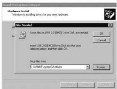 Created new hardware Wizard Hardware Install Windows is installing drivers for your new hardware. Files Needed Done file on USB 2.0 (ECHO) Drive Disk as needed. OK Cancel Insert USB 2.0 (ECHO) Drive Disk into the drive resected below, and then click OK. Copy then from: C:\winNT\system32 drivers Browse...