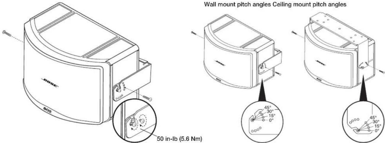 802 Wall mount pitch angles Ceiling mount pitch angles 50 in-lb (5.6 Nm)