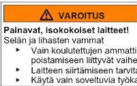 VAROITUS Painavat, isokokolset laitteet! Selän ja lihasten vamma ► Vain koulutettujen ammattil poistamiseen liittyvät vaihe ► Laitteen siirtämiseen tarvita ► Käytä vain soveltuvia työka