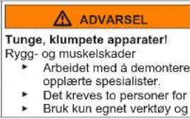 ADVARSEL Tunge, klumpete apparater! Rygg- og muskelskader • Arbeidet med å demontere opplæerte spesialister. • Det kreves to personer for • Bruk kun egnet verktøy og