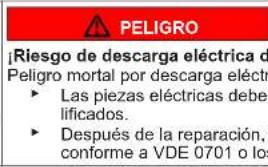 PELIGRO ¡Riesgo de descarga eléctrica de Peligro mortal por descarga eléctra • Las piezas eléctricas deber lificados. • Después de la reparación, conforme a VDE 0701 o los