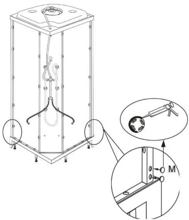Technical diagram of a mechanical device with labeled components and an inset showing a close-up of a component with a handle and a circular component labeled M.