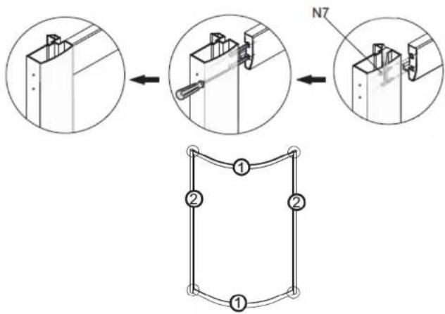Technical diagram illustrating a structural connection with labeled components and directional arrows indicating assembly steps.