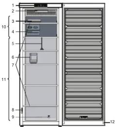 Technical diagram of a server rack with numbered components and labeled parts