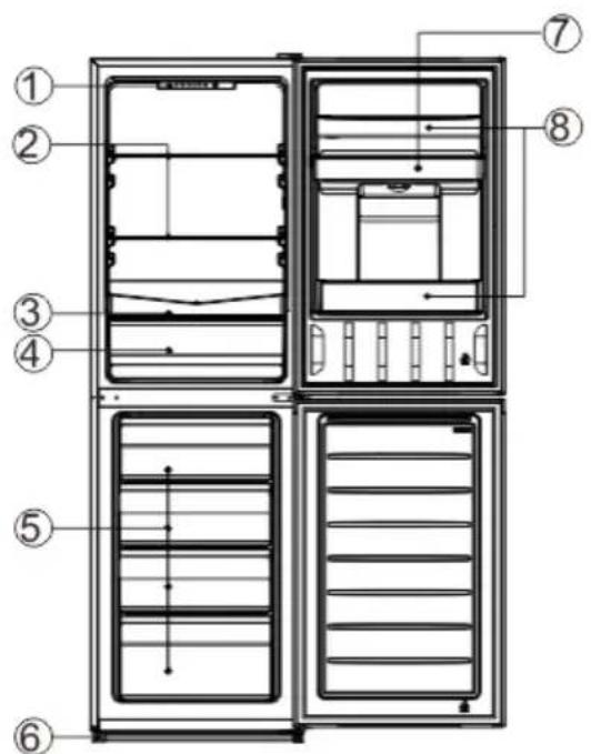 Technical diagram of a refrigerator with numbered components for identification.
