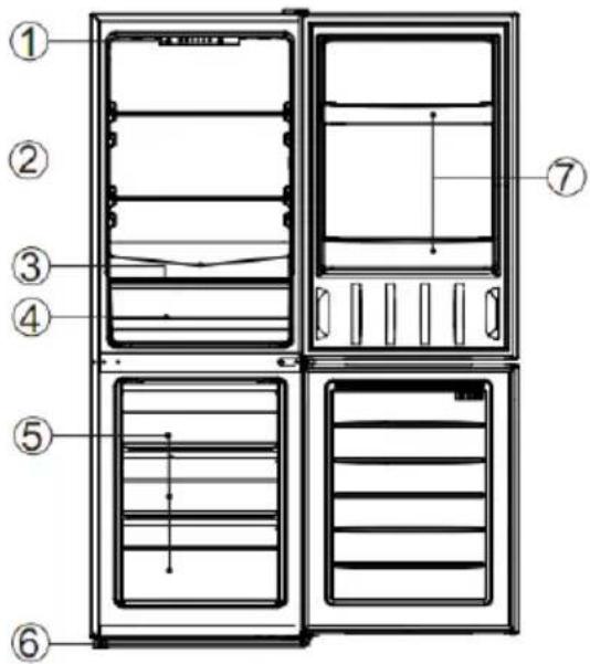 Technical diagram of a refrigerator with numbered parts for identification.