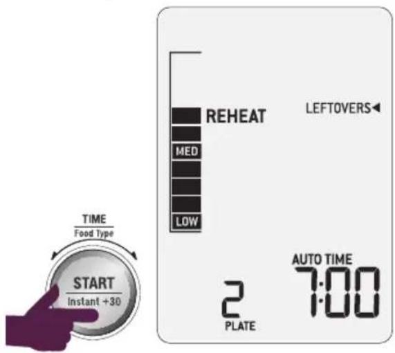 TIME Food Type START Instant +30 REHEAT MED LOW LEFTOVERS← AUTO TIME 2 7:00 PLATE