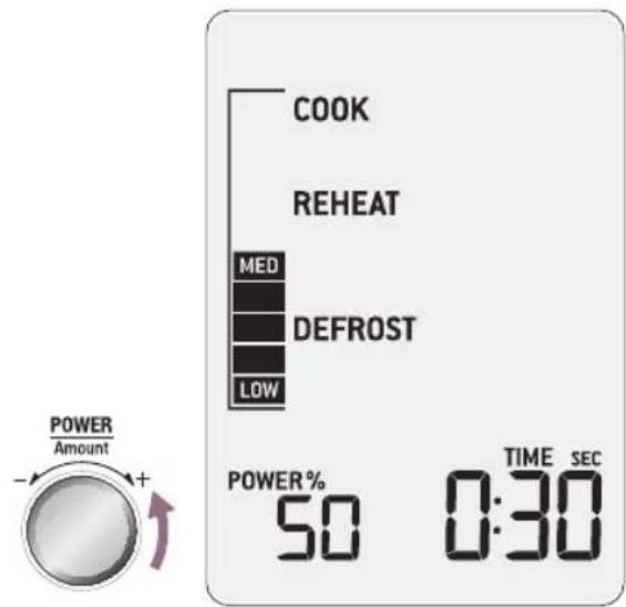 COOK REHEAT MED DEFROST LOW POWER% 50 TIME SEC 0:30 POWER Amount