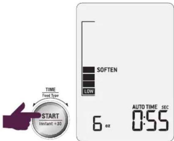 TIME Food Type START Instant +30 SOFTEN LOW 6 oz AUTO TIME SEC 0:55