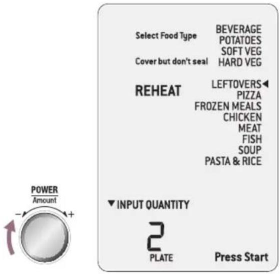 Select Food Type BEVERAGE POTATOES SOFT VEG Cover but don't seal HARD VEG REHEAT LEFTOVERS◀ PIZZA FROZEN MEALS CHICKEN MEAT FISH SOUP PASTA & RICE ▼ INPUT QUANTITY 2 PLATE Press Start POWER Amount +
