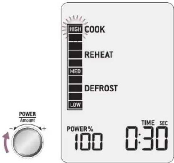 HIGH COOK REHEAT MED DEFROST LOW POWER% 100 TIME SEC POWER Amount +