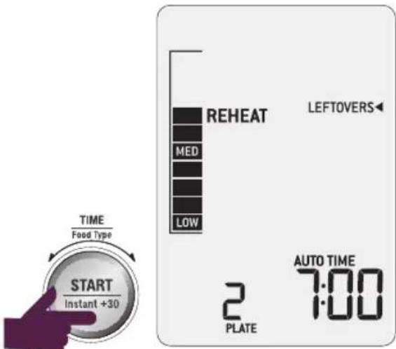 TIME Food Type START Instant +30 REHEAT MED LOW LEFTOVERS AUTO TIME 2 7:00 PLATE