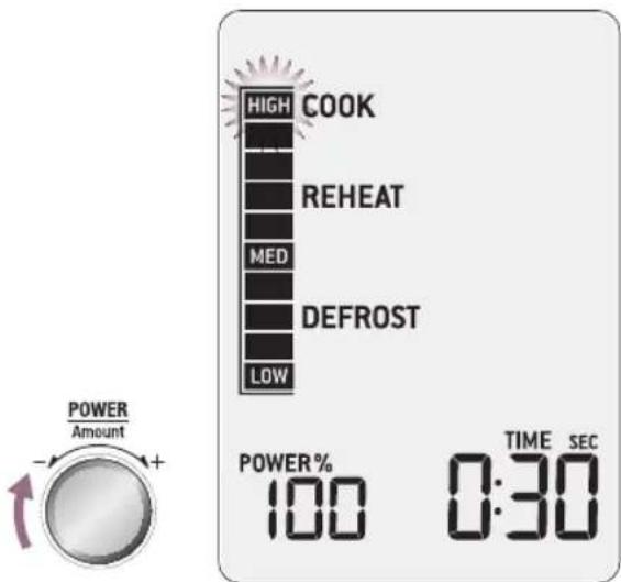 HIGH COOK REHEAT MED DEFROST LOW POWER% 100 TIME SEC POWER % 0:30 - Amount +