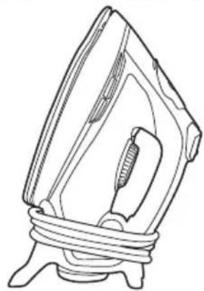 Line drawing of a mechanical iron with attached spring and base (no text or symbols)
