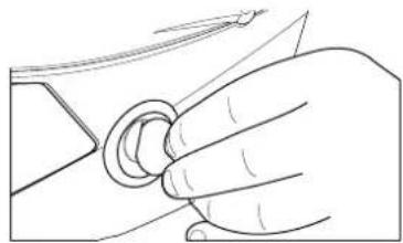 Line drawing of a hand holding a circular object with a pointer (no text or symbols)
