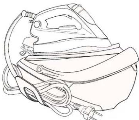 Line drawing of a steam iron with attached cable and power plug (no text or symbols)