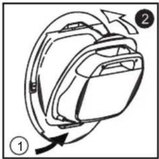Diagram of a backpack with directional arrows indicating movement or rotation, labeled with numbers 1 and 2.