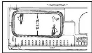 Technical diagram of a device with labeled components and directional arrows indicating 'UP' and 'down'