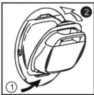 Diagram of a device with labeled parts and directional arrows, showing a circular component with numbered annotations.
