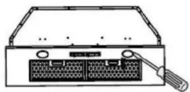 Diagram of an internal device with a screwdriver inserted, showing ports and connectors (no text or symbols)