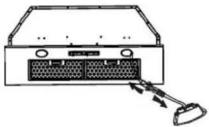 Diagram of a computer tower with two ports and an attached lamp emitting arrows (no text or symbols)