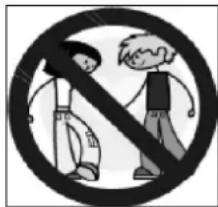 Black and white pictogram showing two people crossed out of a diagonal line, no text or symbols present