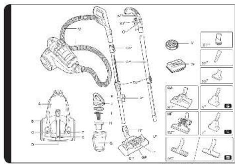 Technical diagram of a vacuum cleaner with labeled parts and corresponding exploded view images