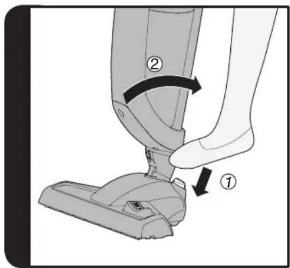 Diagram showing a foot pressing a small vacuum cleaner with labeled parts and directional arrows indicating motion.