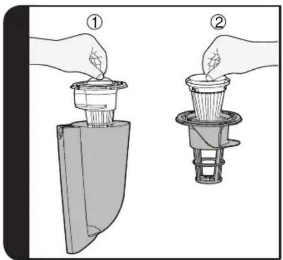 Diagram showing two steps of a cleaning or packaging process: step 1 is open to clean a plastic container, while step 2 is closed to press a plastic cup into a filter.