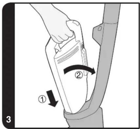 Diagram showing a hand holding a bag with two labeled arrows indicating movement or change, labeled ① and ②.