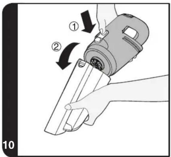Diagram showing a hand operating a handheld device with labeled parts and directional arrows indicating motion or assembly.