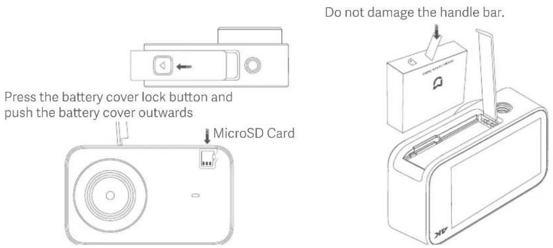 Press the battery cover lock button and push the battery cover outwards MicroSD Card Do not damage the handle bar.
