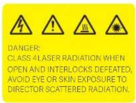 DANGER; CLASS 4 LASER RADIATION WHEN OPEN AND INTERLOCKS DEFEATED, AVOID EYE OR SKIN EXPOSURE TO DIRECTOR SCATTERED RADIATION.