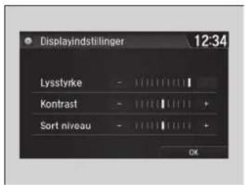 Displayindstillinger 12:34 Lysstyrke - Kontrast - Sort niveau - OK