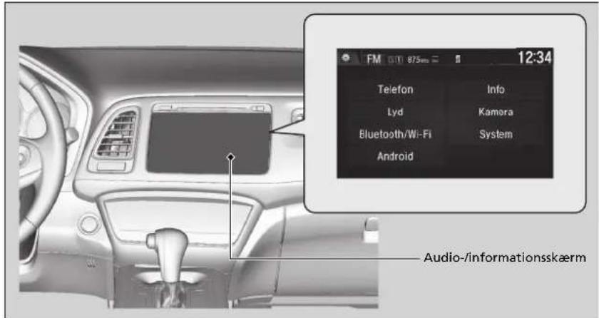 FM 875 12:34 Telefon Info Lyd Kamera Bluetooth/Wi-Fi System Android Audio-/informationsskærm