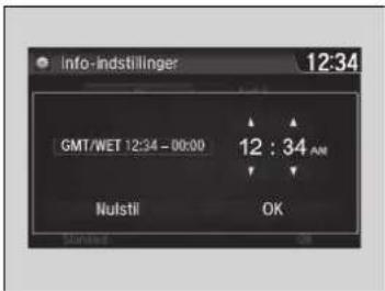 Info-indstillinger 12:34 GMT/WET 12:34 - 00:00 12 : 34 AM Nulstil OK