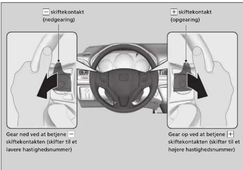 skiftekontakt (nedgearing) skiftekontakt (opgearing) Gear ned ved at betjene — skiftekontakten (skifter til et lavere hastighedsnummer) Gear op ved at betjene + skiftekontakten (skifter til et højere hastighedsnummer)