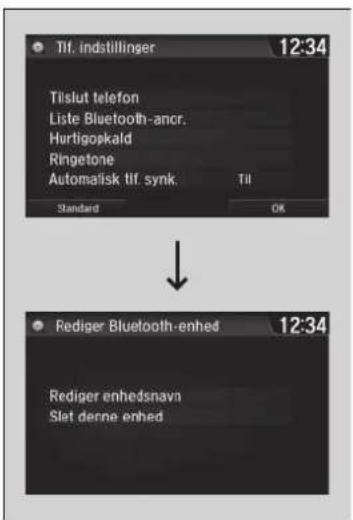Tif. indstillinger 12:34 Tislut telefon Liste Bluetooth-ancr. Hurtigopkald Ringtone Automalisk tif. synk. Til Standard OK Rediger Bluetooth-enheds 12:34 Rediger enhedsnavn Slat derne enhed