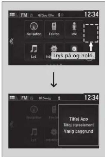 12:34 Tryk på og hold. 12:34 Tilfej App Tilfej styreelement Vælg baggrund