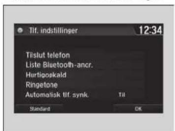 Tilf. indstillinger 12:34 Tislut telefon Liste Bluetooth-ancr. Hurtigorskald Ringtone Automatisk tlf. synk. Til Standard OK