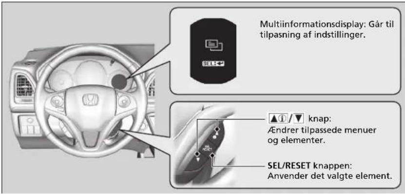Multiinformationsdisplay: Går til tilpasning af indstillinger. ▲① / ▼ knap: Ændrer tilpassesede menuer og elementer. SEL/RESET knappen: Anvender det valgte element.